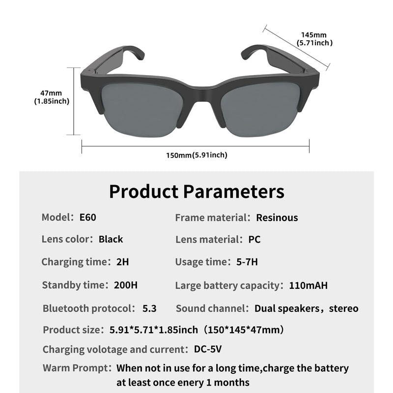 Smart Audio Sunglasses, Polarized Bluetooth Glasses for Men Women, Open Ear Sport Sunglasses with Mic & Speakers, Bluetooth 5.3, Voice Control E60