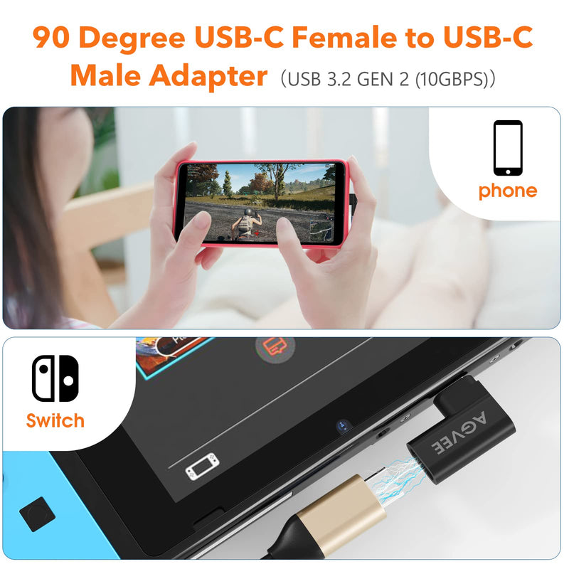 AGVEE [4 Pack] 90 Degree Right Angled USB-C Male to USB-C Female Adapter (Type-C 3.2 Gen 2) Converter Video Type-C 10G Data Extension Coupler Connector, Black