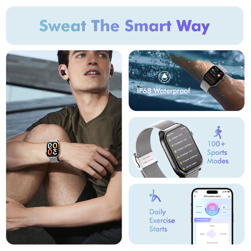 YMS Android Smart Watch for Women - Bluetooth Call,Compatible with Android & iOS，2.0" HD, Heart Rate/Sleep/Step Tracker, 100+ Sports Modes,IP68 Waterproof Men Fitness Tracker (Silver(Milanese)) Silver