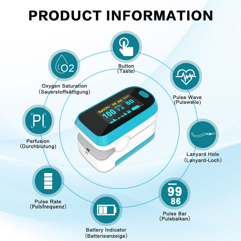 MOMMED Pulse Oximeter, Oxygen Saturation Meter, Finger Pulse Oximeter with Alarm for Measuring Oxygen Saturation (SpO2), Pulse Monitor for Children and Adults, OLED Display that Rotates blue-white