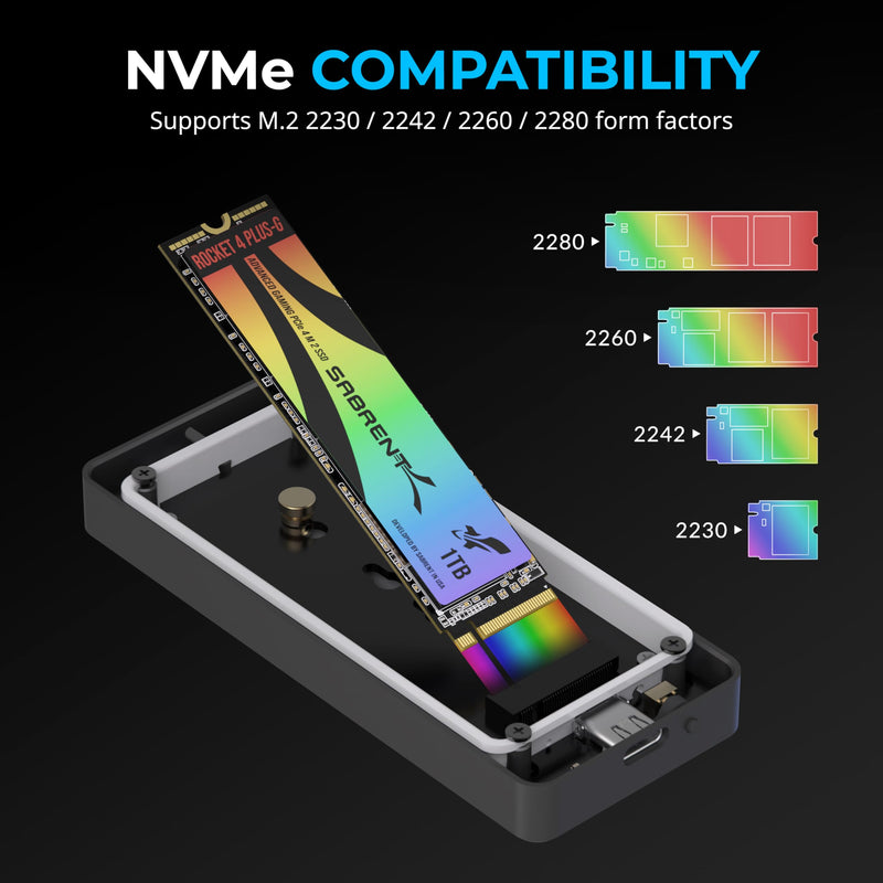 SABRENT Rocket RGB NVMe & SATA M.2 SSD Enclosure, 20Gbps (EC-RGBG) | USB-C 3.2 Gen 2x2 20Gbps; tool-free; UASP; RGB LED; aluminum; 2230-2280; plug & play Multicolor