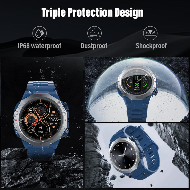 Military Smart Watches for Men(Answer/Make Calls), 1.39"HD Fitness Watch, 24/7 Heart Rate Sleep Monitor, Smart Watch for Men 110+ Sport Modes, 30Day, IP68 Waterproof Smartwatch for Android iOS, Blue