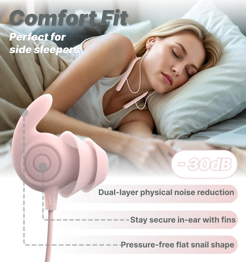 Hmusic Bluetooth Sleep Earbuds for Side Sleepers, Soft Silicone | 30dB Noise Isolation, Built-in White Noise & Mic, 12-Hour Battery, Flat Sleep Headphones for Snoring, Traveling (Pink) Pink
