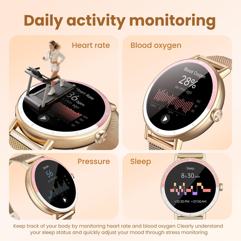 Smart Watches for Women Android/iphone, Fitness Tracker with Calls&Answer | IP68 Waterproof/Activity Pedometer/ Heart Rate/SpO2 Monitor/100+ Sports Model, Two Bands Gold Pink