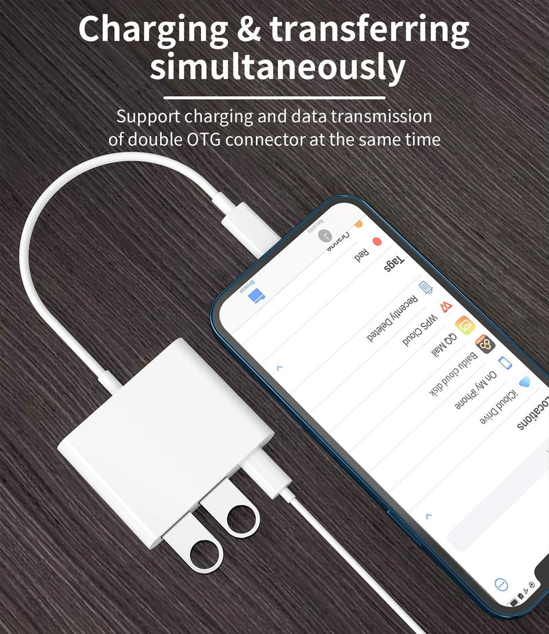 Apple Certified Lightning Male to USB Female Adapter OTG and Charger Cable for iPhone 11 12 Mini max pro xs xr x se 7 8plus Ipad air A Camera Memory Stick Flash Drive Cord Converter Charging Splitter