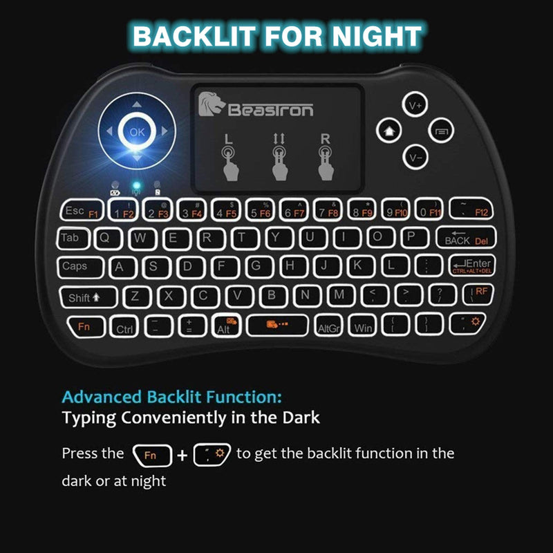 Beastron 2.4G Mini Wireless Keyboard with Touchpad＆QWERTY Keyboard, Backlit Portable Keyboard Wireless with Remote Control for Laptop,PC,Tablets,Pad,Google Android TV,Xbox,PS3/4 .Black