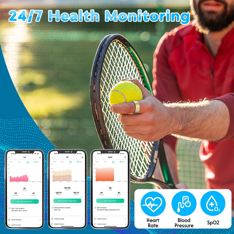 Smart Health Ring,Fitness Rings Tracker with Blood Pressure Monitor Heart Rate Blood Oxygen Sleep Monitor IP68 Waterproof Step Counter Calorie Tracker Health Rings for Women Men Android iOS Phones Gold 9