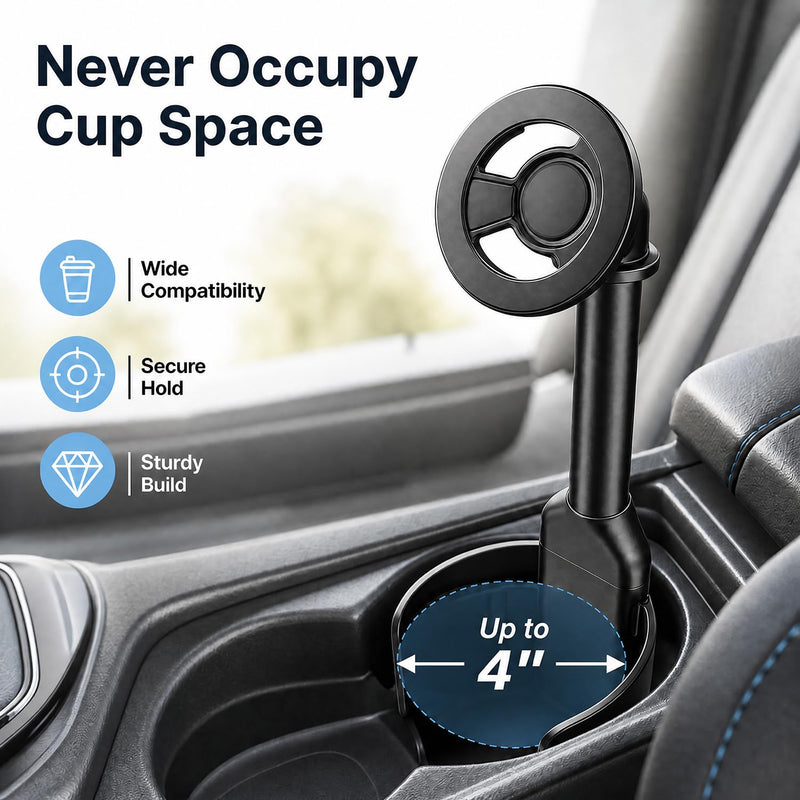 Magnetic Cup Holder Phone Mount for Car, 2 in 1 One-Hand Operation Adjustable Vehicle Cupholder Expander Phone Holder, Compatible with iPhone Android Smartphones