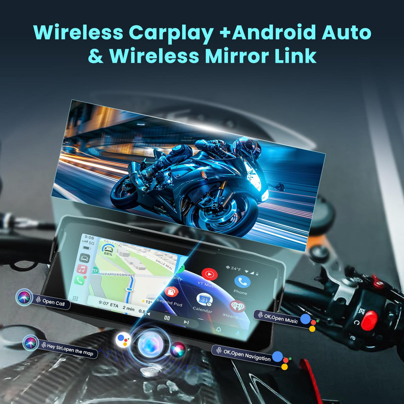 6.86 inch Motorcycle Carplay Screen GPS Navigation System with Wireless Carplay and Android Auto, Portable Car Play for Moto Waterproof HD Touch Screen with Bluetooth Mirror Link TF Card