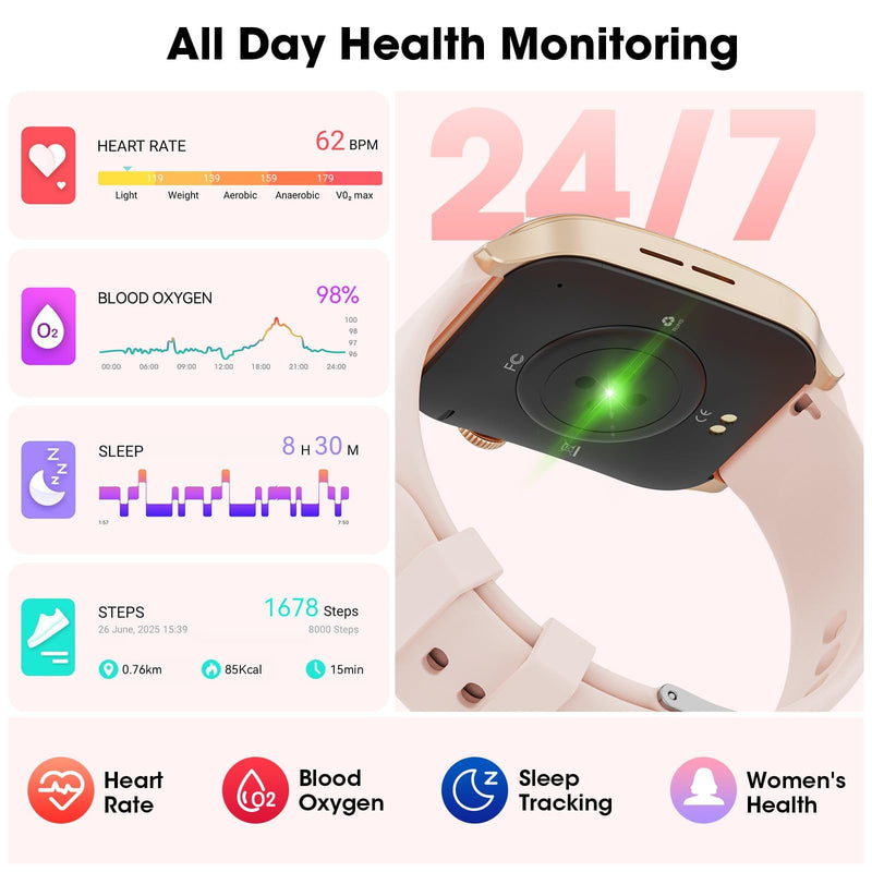 Curve Smart Watch for Men Women, 1.91" Smartwatches with 120+ Sport Modes, Fitness Tracker with Bluetooth Call, Heart Rate, Waterproof Activity Tracker Smartwatch for iOS Android Phones Pink