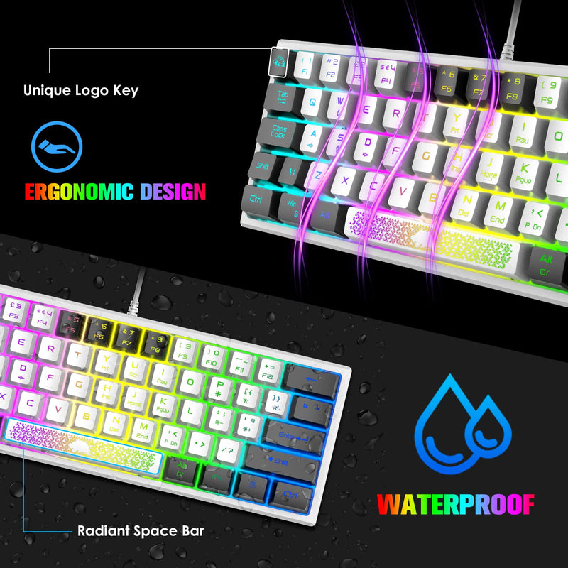 ZIYOU LANG K61 60% Gaming Keyboard Mini Portable with Rainbow RGB Backlit Compact Ergonomic 62Key Layout Anti-ghosting Mechanical Waterproof Wired for PC Mac Windows Gamer Laptop Typists(White+Black) White+Black