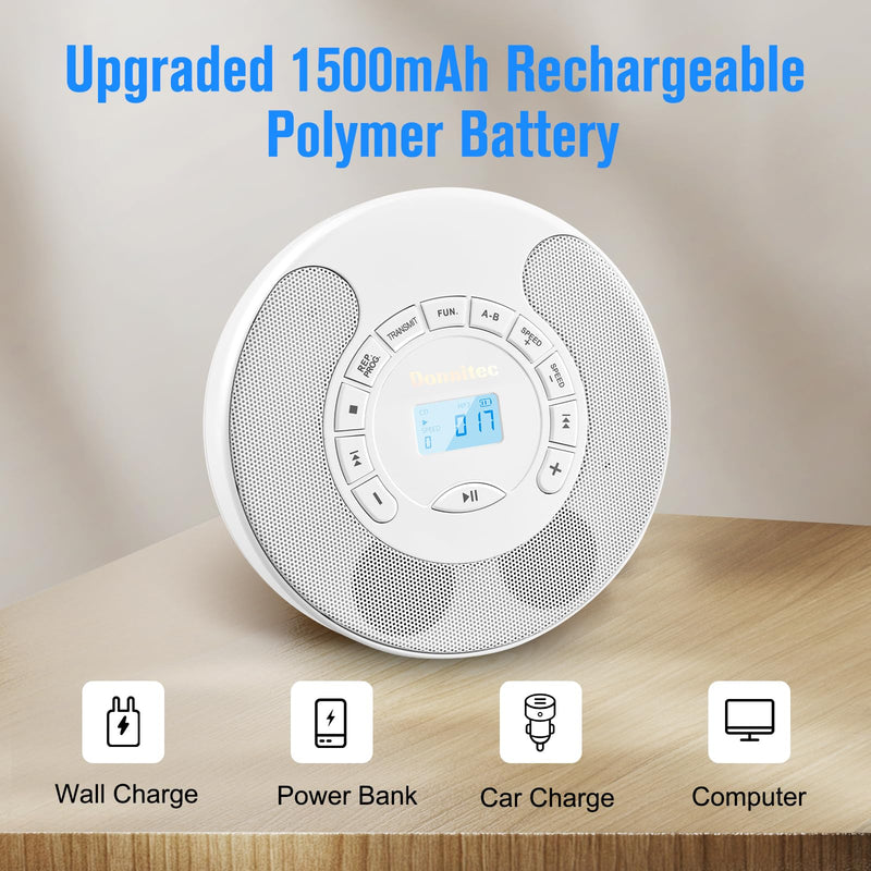 CD Player Portable, Rechargeable Dual Speakers Walkman, Bluetooth CD Player with Backlight LCD Display, support AUX/USB mode, Suitable for car,home,AUX Cable