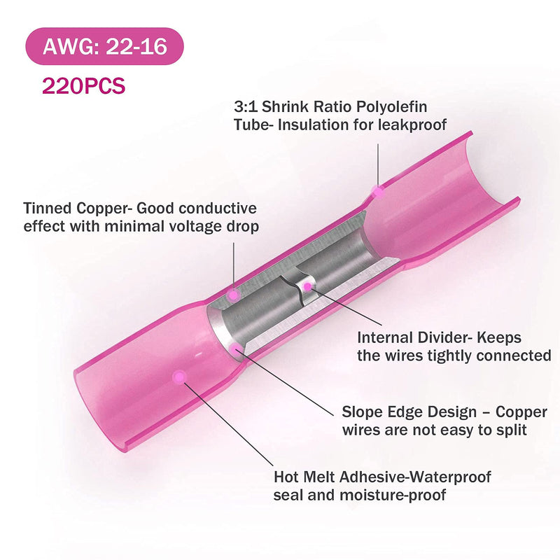 Kuject 220pcs Red Butt Connectors, Crimp Connector with Heat Shrink Tubing, Cable Connector Set, AWG 22-16 (0.5-1.5 mm²) Rote AWG 22-16
