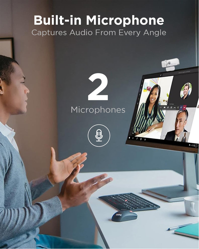 Lenovo HD 1080p Webcam (300 FHD) - Monitor Camera with 95° Wide Angle, 360° Rotation Pan & Tilt, Dual Microphones – Attachable Desktop Cam with Privacy Shutter for Remote Work, Streaming & Gaming Cloud Gray 300 FHD