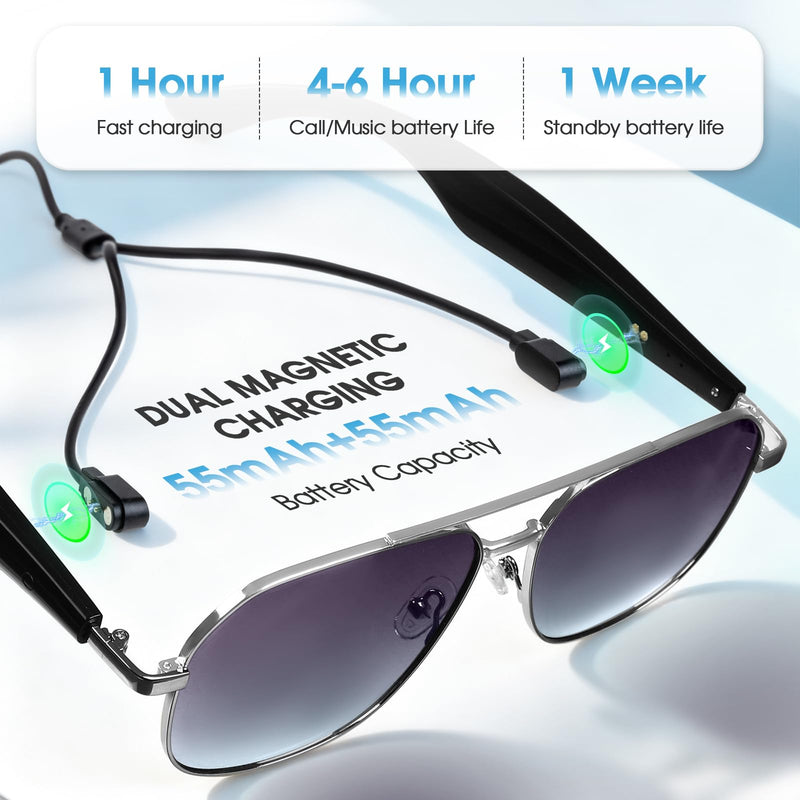 APOPHENIA AI Smart Bluetooth5.4 Glasses, Silver Frame Blue/Purple Lens | 140 Languages Real-Time Two-Way Translation, UV/Blue Light Protection & Anti-Glare, Aviator Style Unisex