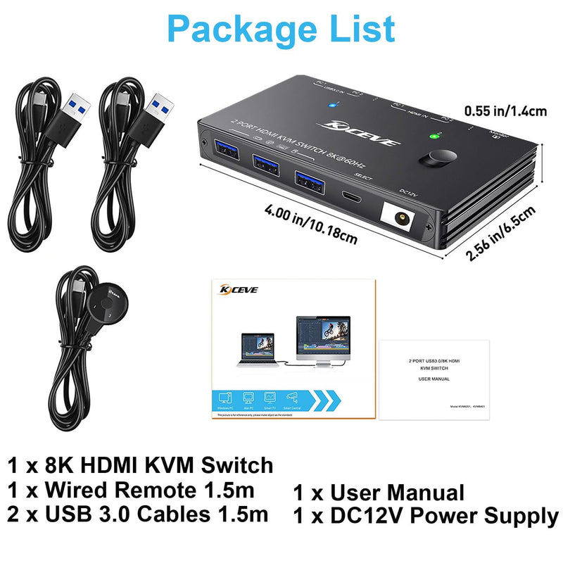 KCEVE HDMI2.1 KVM Switch 2 Computer 1 Monitor 8K@60Hz | KVM Switch HDMI 2 Port with 3 USB3.0, Wired Remote and Power Adapter (8K HD 2 in 1 Out KVM) Black 11cm 8K HDMI 2 in 1 Out KVM