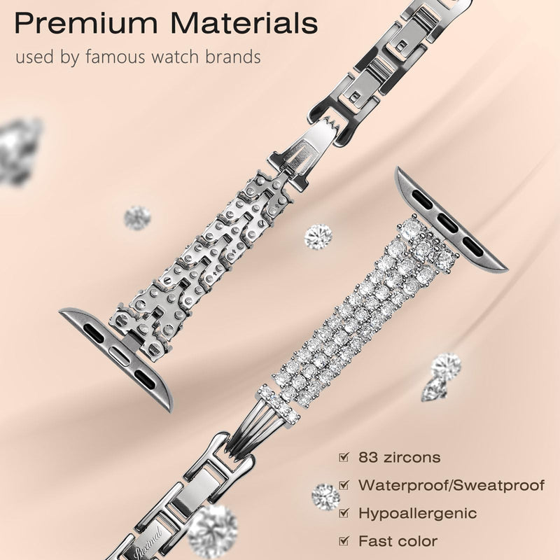 Zircon Gems Bling Strap Compatible for Apple Watch Bands Women, Premium Bronze Metal Watch Bands Compatible with iWatch Series 9 8 7 6 5 4 3 2 1 SE 38mm 40mm 41mm 42mm 44mm 45mm (Diamond/Silver, 42mm(Series 10)/41mm/40mm/38mm) Diamond/Silver