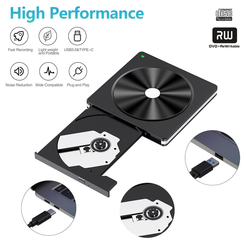[AUSTRALIA] - External CD/DVD Drive for Laptop, USB 3.0 CD DVD +/-RW Burner CD ROM External DVD Drive CD Reader DVD Player for Laptop PC Mac MacBook Desktop Windows 11/10/8.1/7 Linux Blackwhite 