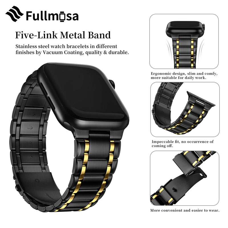 Fullmosa Compatible Stainless Steel Apple Watch Band 41mm/40mm/38mm Blue with Case & Compatible Metal Apple Watch Band with case 41mm/40mm/38mm, Black&Gold