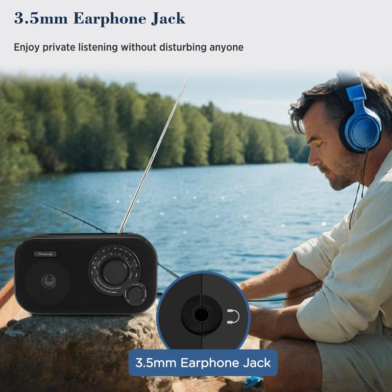 [AUSTRALIA] - DreamSky AM FM Portable Radio Plug in Wall or Battery Operated for Home & Outdoor, Strong Reception, Large Dial Easy to Use, Transistor Antenna, Headphone Jack, Small Gifts for Seniors Elderly Black 