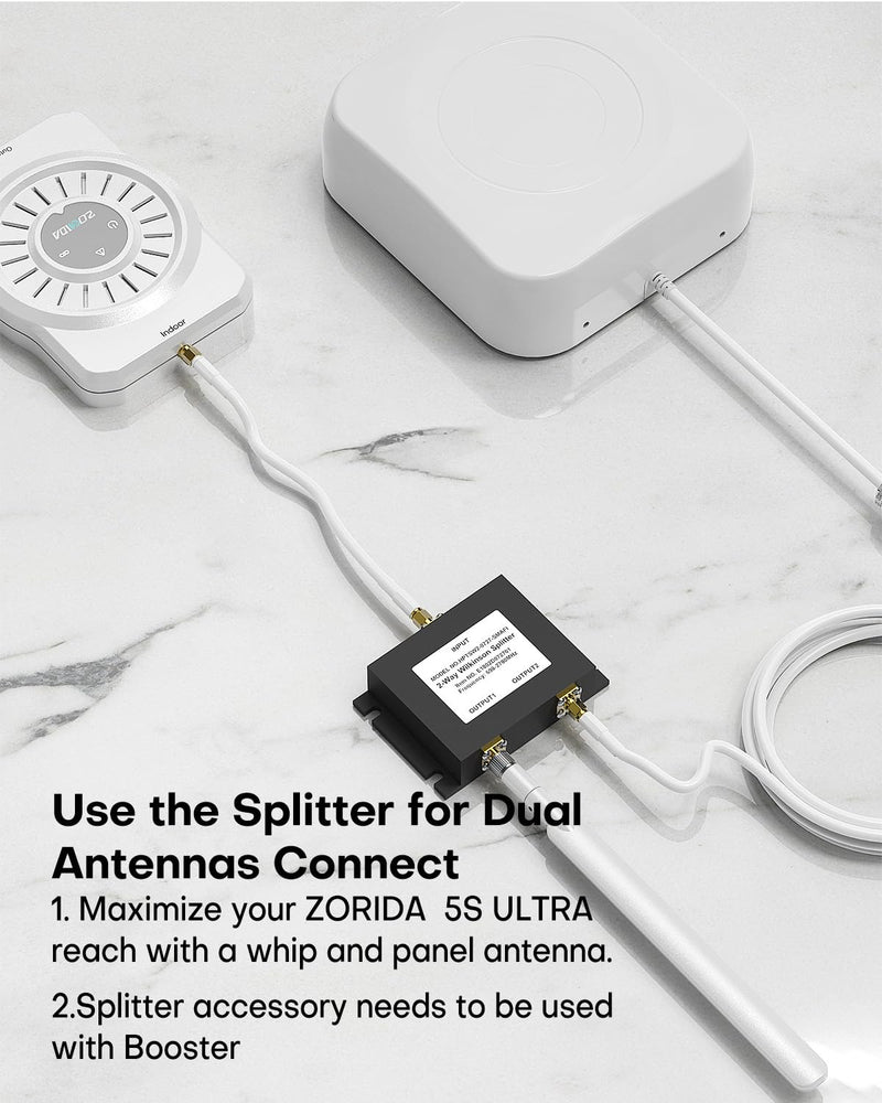 2 Way Signal Booster Splitter with SMA Female Connectors, | 698-2600 MHz Wide Band Cell Phone Booster Accessory for Dual Indoor Antennas, Compatible with LTE Networks and US Carriers