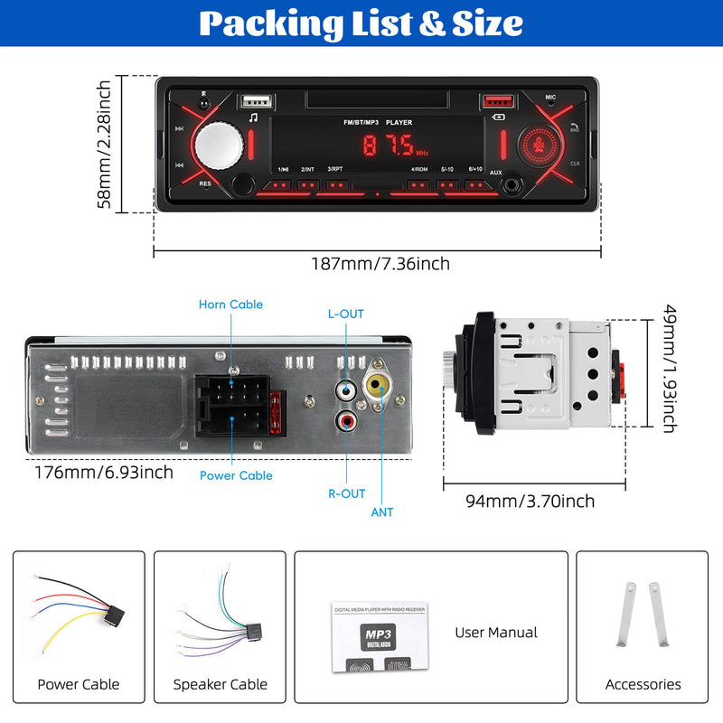 [AUSTRALIA] - Single Din Bluetooth Multimedia Car Stereo Radio,Car Audio MP3 Player Support Hands-Free Calls/USB/FM/TF/AUX-in,Car Radio Receivers with Digital LCD Display 