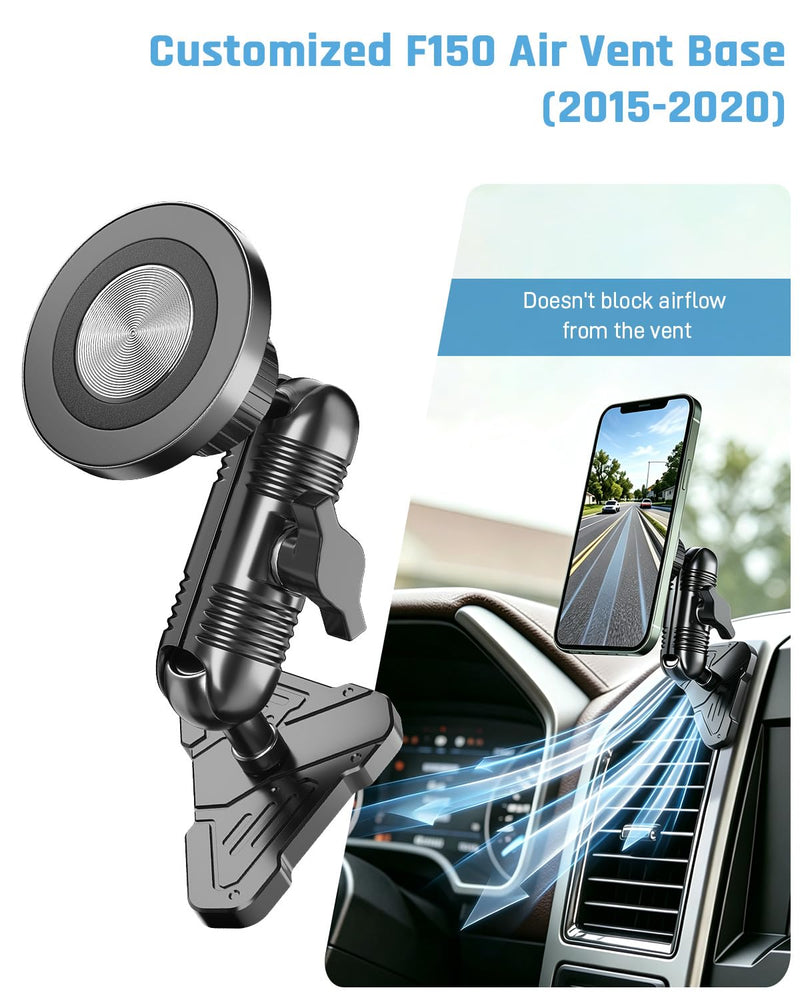 Car Vent Phone Holder for Ford F150 2015-2020 & Super Duty 2017-2021 | Expedition 2018-2021, CNC-Machined Alloy Air Vent Mount with Magnetic and Spring Clamp Heads, 360° Adjustable Truck Bracket