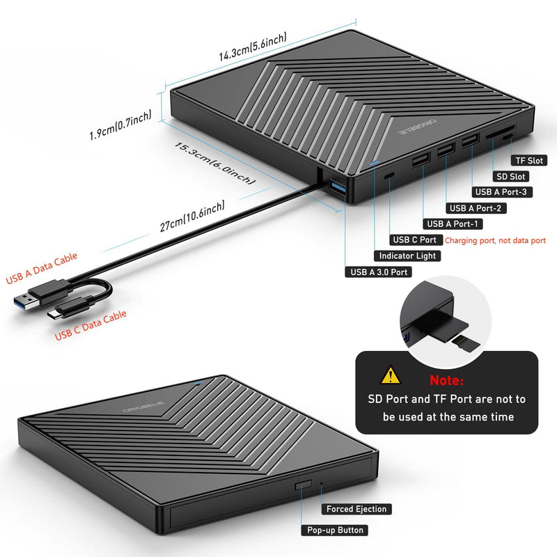 ORIGBELIE External CD DVD Drive, USB 3.0 & 4 USB Ports & 2 TF/SD Card Slots | Ultra Slim CD DVD ROM Player Burner Reader Writer Rewriter Optical Disk Drive for Laptop PC Mac OS Windows 11/10/8/7 Linux 5.6" x 6" x 0.7"