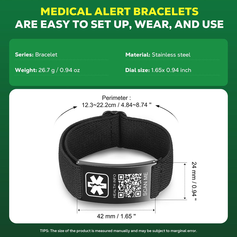 [AUSTRALIA] - Upgraded Medical Bracelets Men Women with QR Code Medical Alert ID Bracelets - Titanium Steel Wristband Fits Wrists Up 8''-10'' - More Space Custom Emergency Med ID Info Black-Stretch nylon rope 