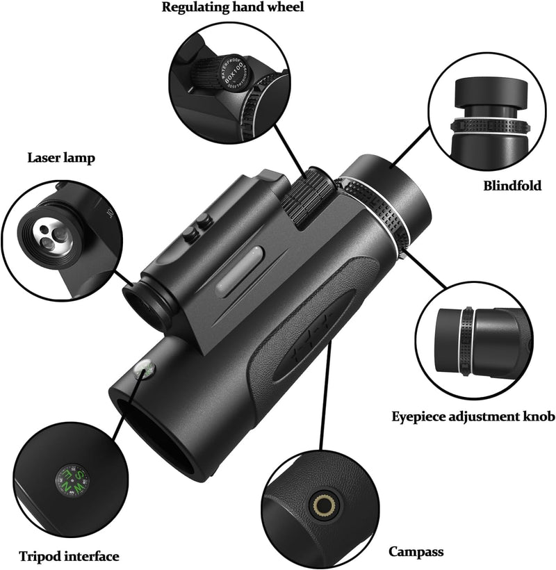 Monocular Telescope with Lights HD Monoculars 80x100 for Adults High Powered Monocular for Hunting with Smartphone Holder & Tripod, Handheld Telescope Suitable for Bird Watching Stargazing-Black Black