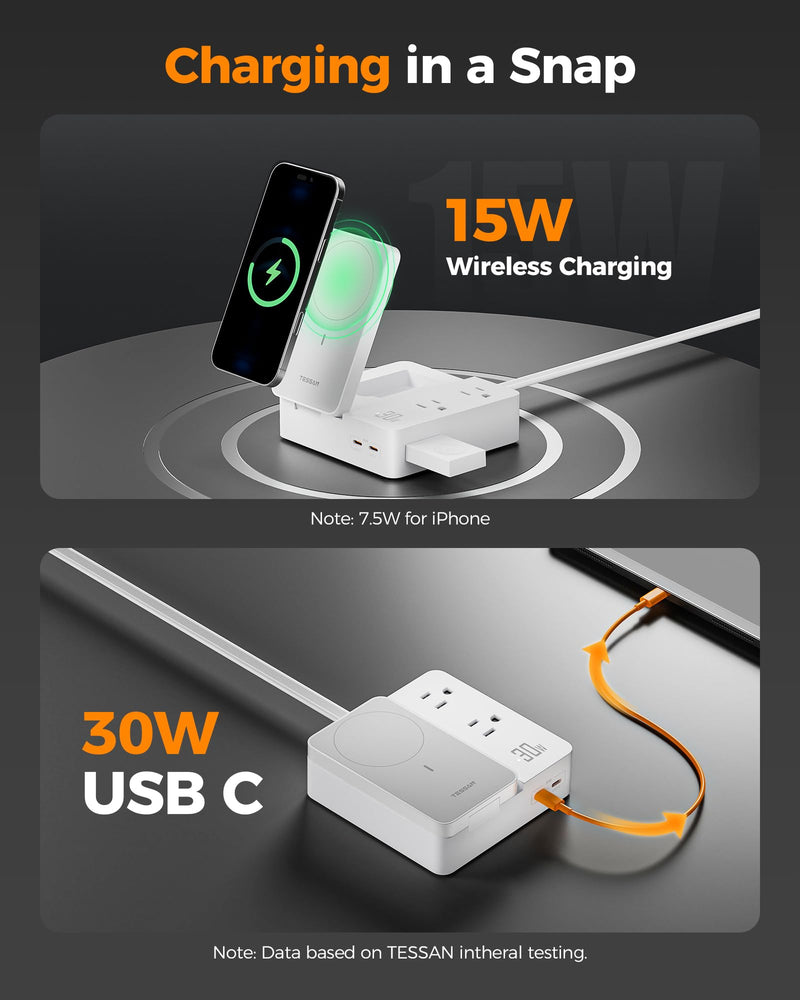 TESSAN 30W Charging Station USB Phone Charger with Wireless Charging | 2 USB C/1 USB A and 2 AC Outlet,for iPhone 17/16/15 Charging Stand, for Apple Watch Charging, Flat Plug, 5ft Cord, White