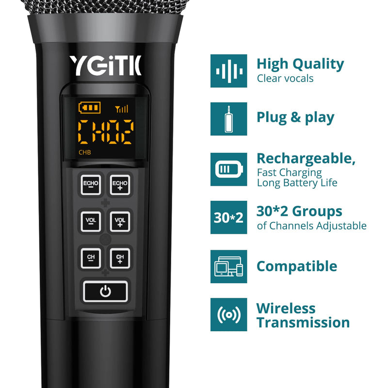 Wireless Microphone, UHF Metal Dual Handheld Cordless Dynamic Mic System with Rechargeable Receiver 2X30 Channels Wireless Microphones System ECHO Adjust 160ft Range for Singing, Wedding