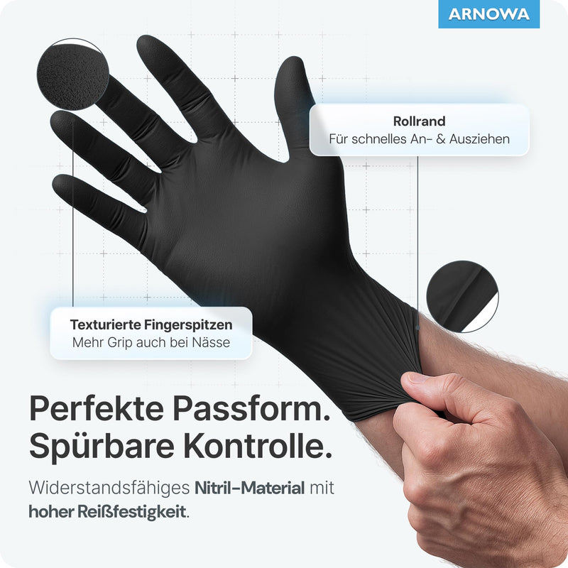 ARNOMED Disposable Gloves, Pack of 100 Black L Nitrile Gloves, Powder-Free and Latex-Free Disposable Gloves, Gloves Available in Size XS, S, M, L, XL and XXL