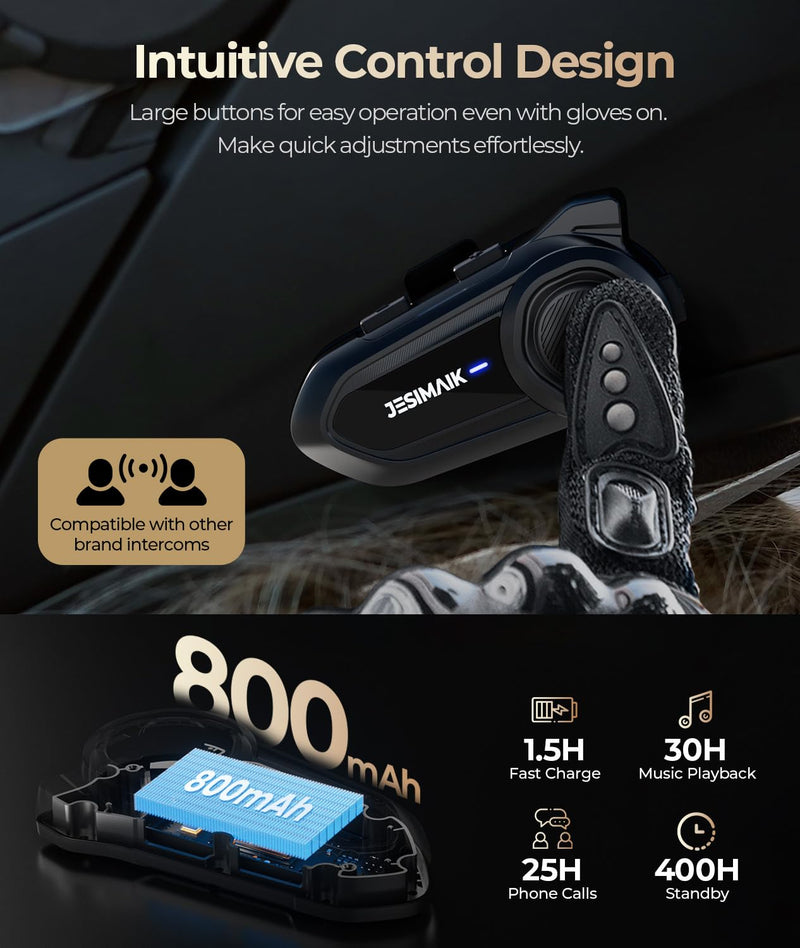 JESIMAIK Motorcycle Bluetooth Headset,2 Way Helmet Intercom Communication System, CVC8.0 Noise Cancellation Motorcycle Intercom with 2 Mics&40mm Speaker,Music Sharing, IP67 Waterproof, FM Radio(1Pack) 1 Pack