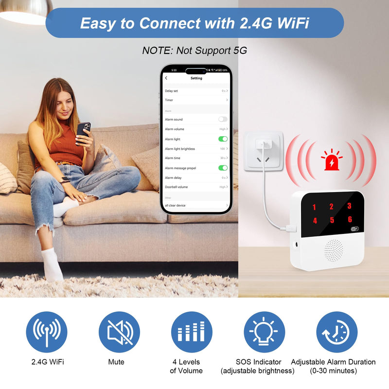 WiFi Smart Wireless Caregiver Pagers for Elderly Alert Button That Calls Cell Phone Caregiver Alert System with LED Number Display 2 SOS Call Button 1 Receiver(Only Supports 2.4GHz & No Monthly Fee) 2 Button & 1 Receiver