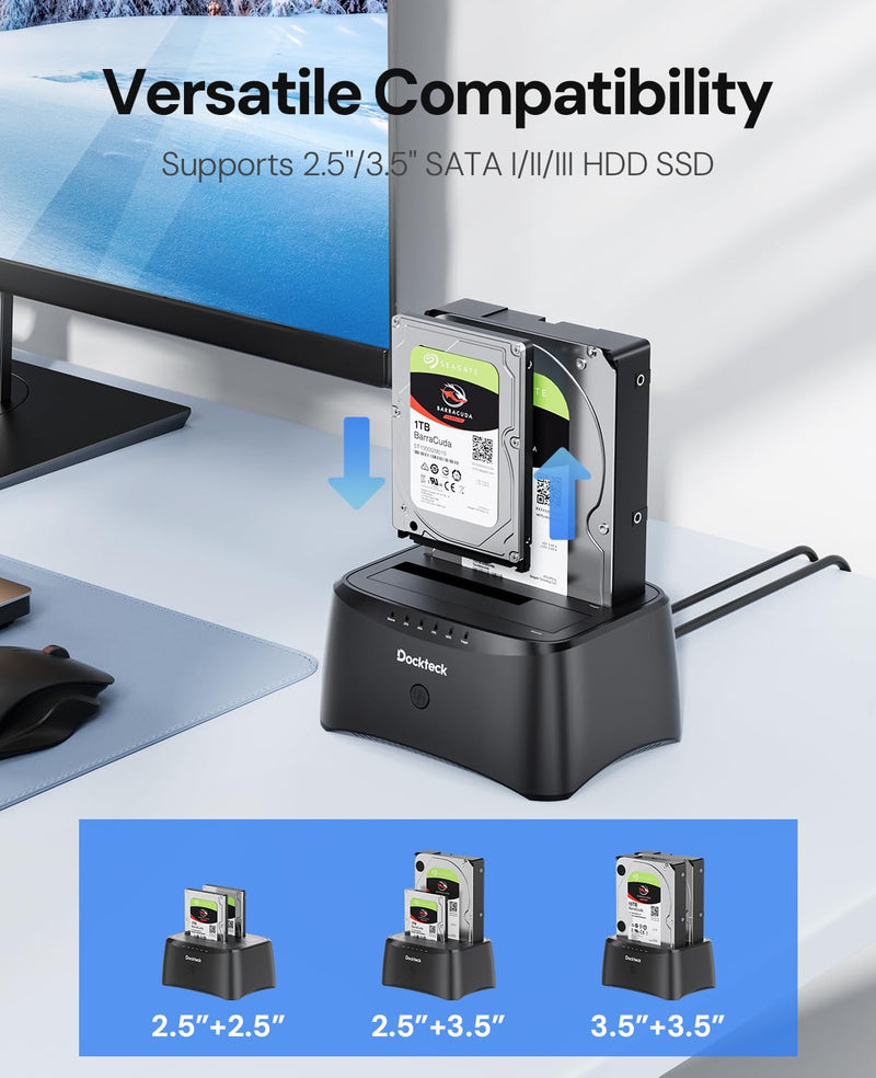 Hard Drive Docking Station, dockteck USB 3.0 to SATA Dual Bay External Hard Drive Enclosure for 3.5 or 2.5 inch SATA HDD SSD with Offline Clone 2 Bay Black