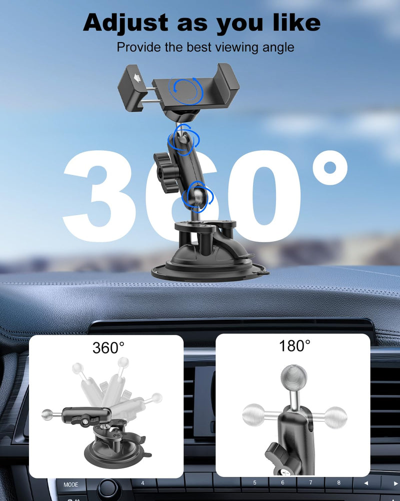 Car Phone Holder with Heavy Duty Suction Cup, Metal Adjustment Arm Car Phone Mount for Windshield, Dashboard, Side Windows, Phone Holders for Your Car for iPhone 17 Pro Max 16 15 14 Air Plus