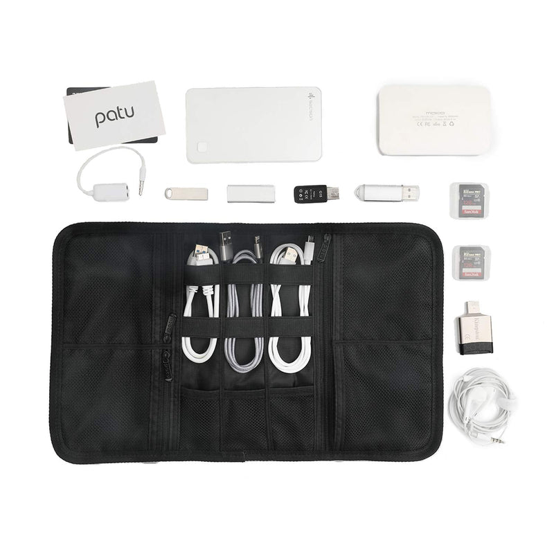 Patu Roll Up Electronics Accessories Travel Gear Organizer Case, Black - Portable Universal External Batteries Hard Drives Cable Management Healthcare Cosmetics Kit Bag