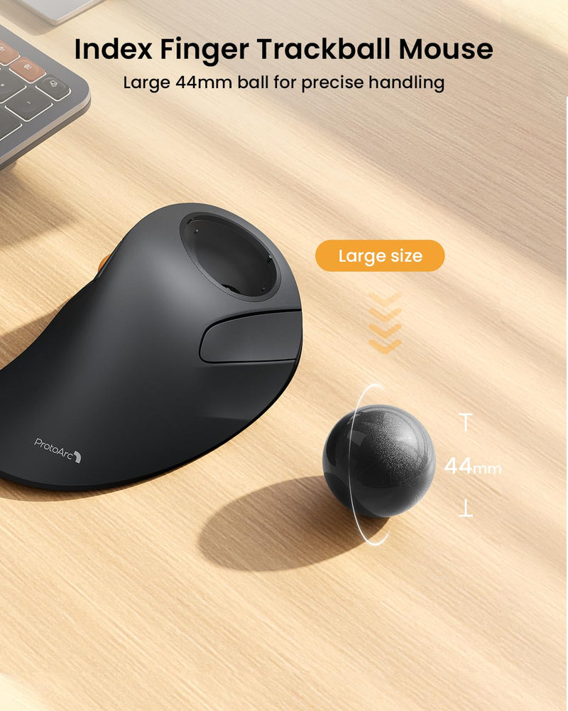 ProtoArc EM03 NL Wireless Bluetooth Trackball Mouse, Finger Control, Gray | Index-finger-controlled Design Reduces Wrist Fatigue, Connect 3 Devices Via Bluetooth/2.4G USB-A, 500mAh Rechargeable Battery