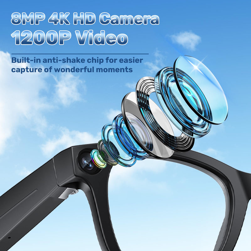 TREEFIA AI Smart Glasses with 1080P HD Camera, AI Real-Time Translation, Bluetooth Audio – Smart Glasses with Camera, Hands-Free Video Recorder for Travel, Sports, Outdoor Use (E03S Black) E03S Black
