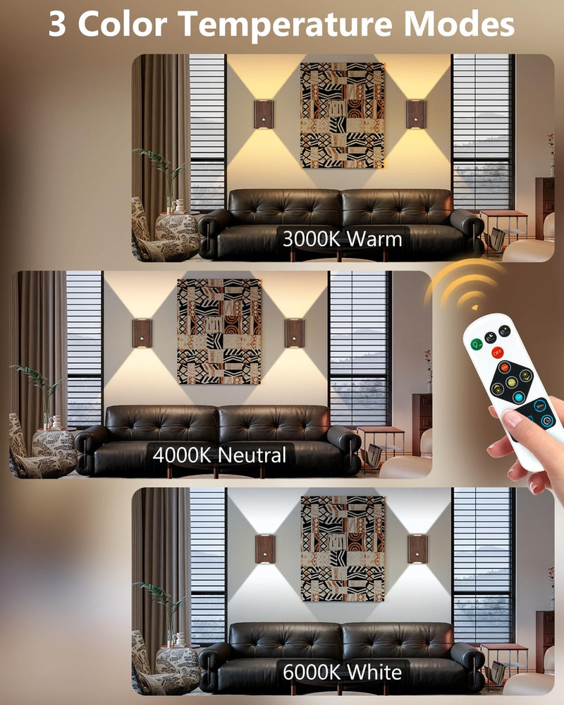 [AUSTRALIA] - Rechargeable Motion Sensor Wall Sconce Set of 2 – 5000mAh Wireless Battery Operated Wall Light Indoor, 3 Colors Up/Down Lighting Magnetic Night Light with Remote Control for Bedroom, Hallway (Walnut) Walnut 2 Pack 