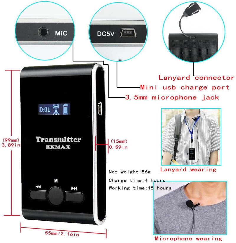 EXMAX Wireless Tour Guide Microphone Church Translation System ATG-100T 195MHz Interpretation Systems for Meetings Houses of Worship Schools Municipal Buildings(1 Transmitter 1 Receivers)