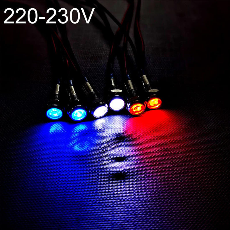 GUUZI 6pcs 220V-230V 6 mm LED Panel Pilot Dash Warning Light Indicator Light Lamp Pilot Dash Bulbs Directional (Red/Blue/White) Red / Blue / White