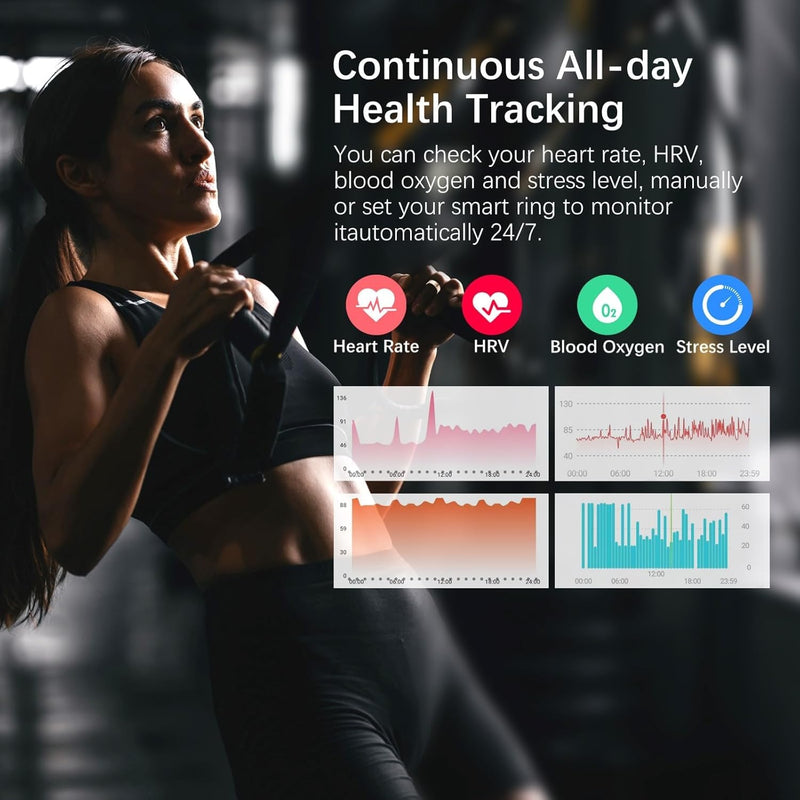 Smart Ring for Women Men, Fit Ring with Heart Rate, Blood Oxygen,Stress, Sleep Tracker, Step Tracker, Fitness Rings No Subscription Fee, IP68 Waterproof Smart Ring for iPhone & Android (Black, 9#) Black 9#