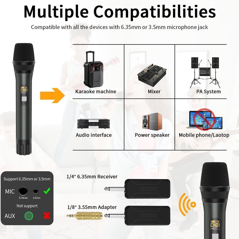 [AUSTRALIA] - Wireless Microphones, Professional UHF Metal Dual Handheld Cordless Dynamic Mic System with Rechargeable Receiver, 1/4" Output, 160ft Range, Auto Connect for Karaoke, Party Singing, Church, Speech, DJ Red&Gray 