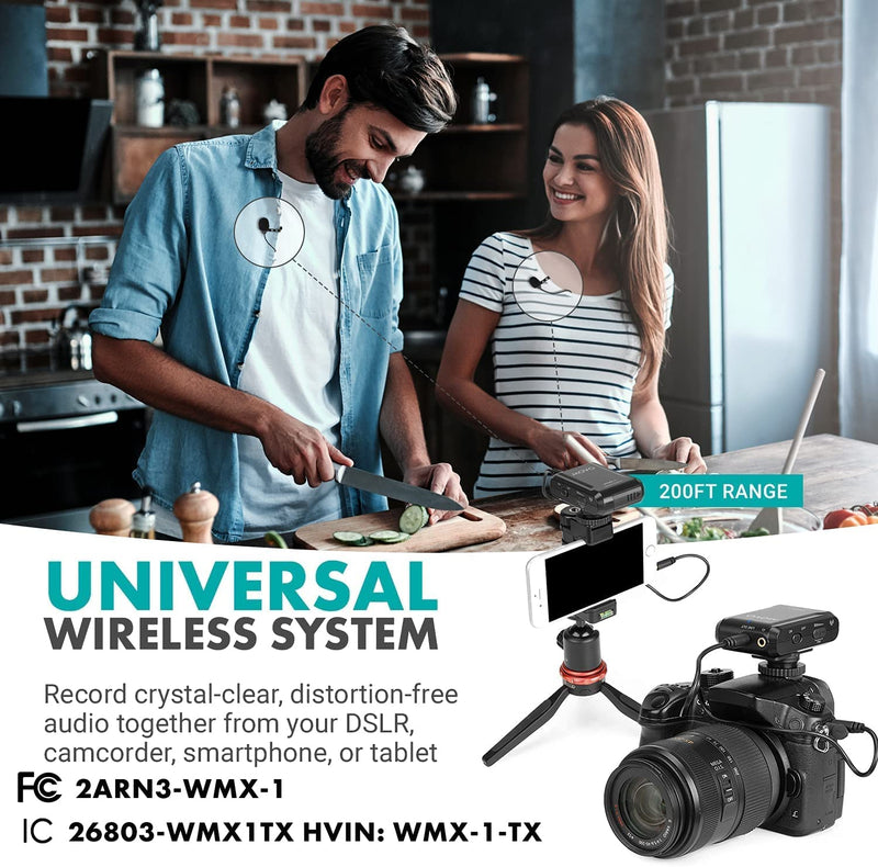 Movo WMX-1-DUO 2.4GHz Dual Wireless Lavalier Microphone System, Compatible with DSLR Cameras, Camcorders, iPhone, Android Smartphones, and Tablets, 200ft Audio Range, Great for Teaching Tutorials 2 Transmitters