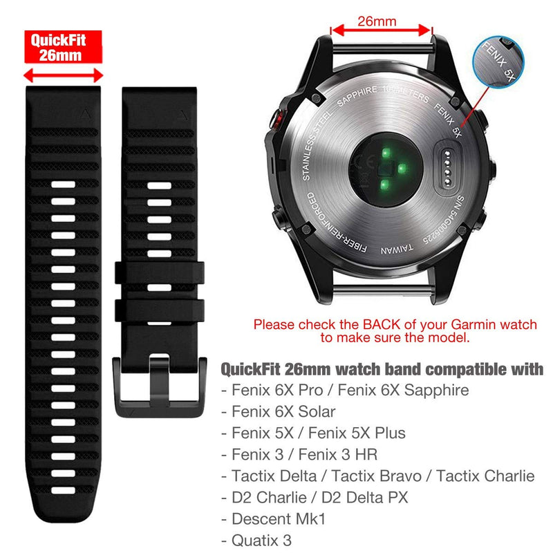Quick Easy Fit Watch Band for Garmin Fenix 6X Pro/Sapphire,26mm Soft Non-allergenic Silicone Sport Waterproof Wristband Strap for Garmin Fenix 5X/5X Plus,Fenix 3,Quatix 3,Tactix Bravo(Black)