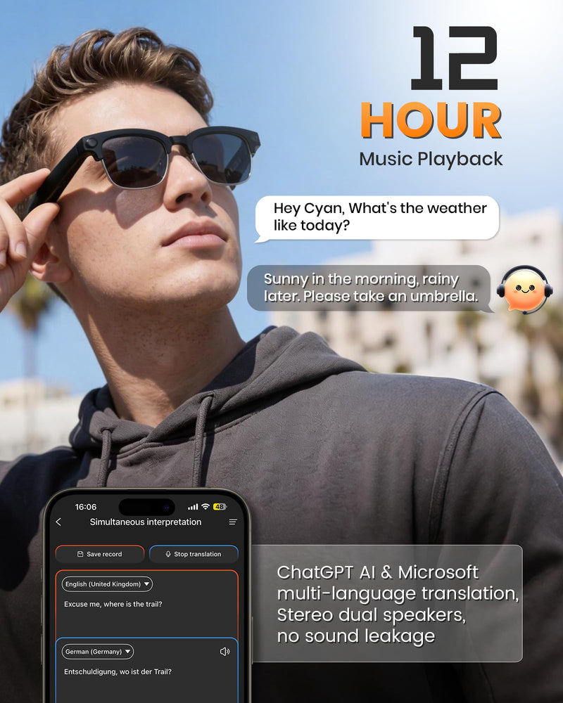 AI Smart Glasses with Camera, Anti-Shake Video & Photo Capture | Open-Ear Music & Calls, Touch Control, Voice Assistant, Real-Time Translation, Auto Photochromic UV400 PC Lenses
