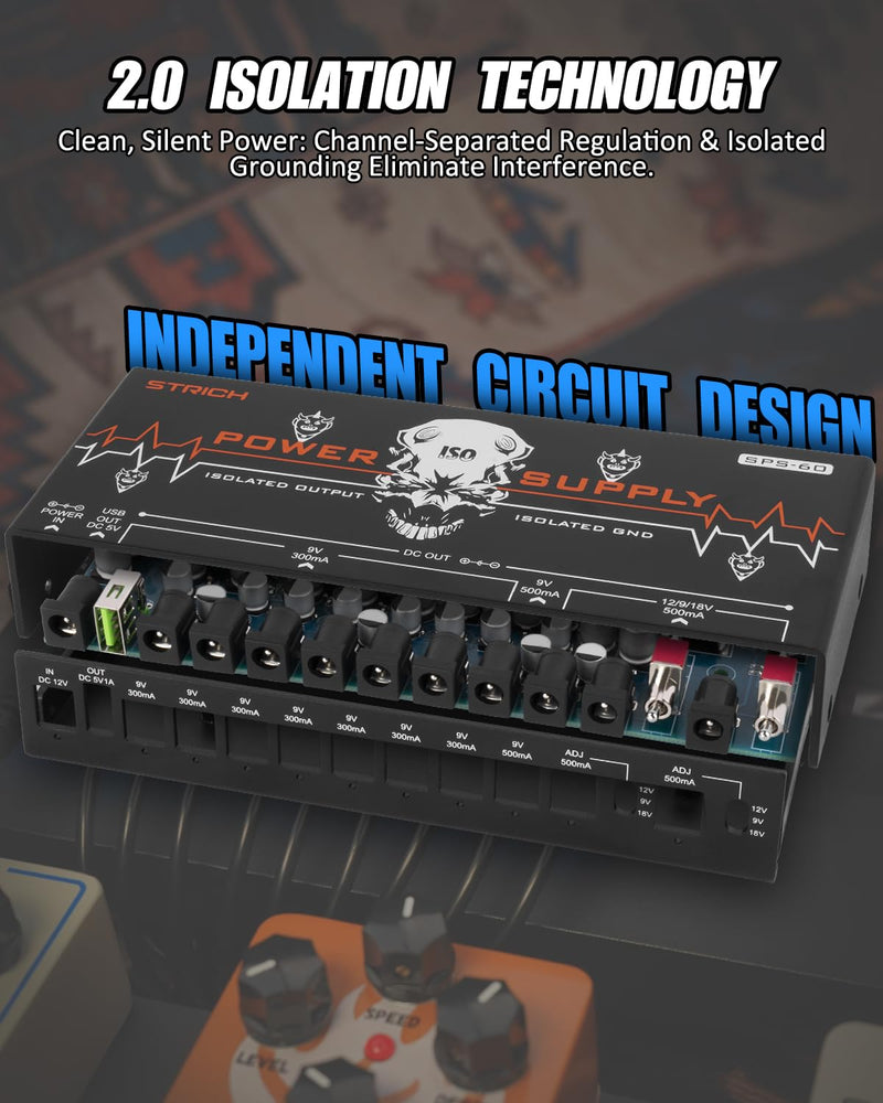 STRICH SPS-60 Guitar Pedal Power Supply, 10 Totally Independent DC Outputs Pedal Board Power Supply for 9V/12V/18V (300mA/500mA) High Power for Power High-current Effect Pedal, Noiselessly