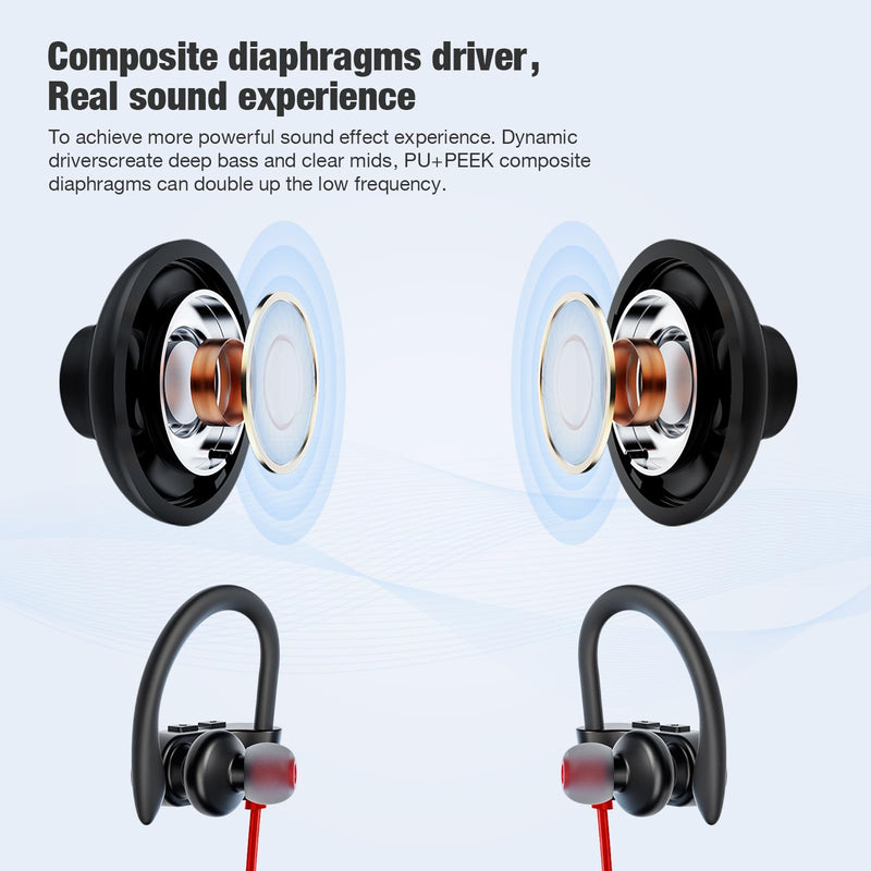 Bluetooth Headphones Wireless Earbuds 16H Playtime Wireless Headphones IPX7 Waterproof Bluetooth 5.3 Running Headphones with Mic Stereo In Ear Earphones Sound Isolation for Workout, Sports Red A, Red